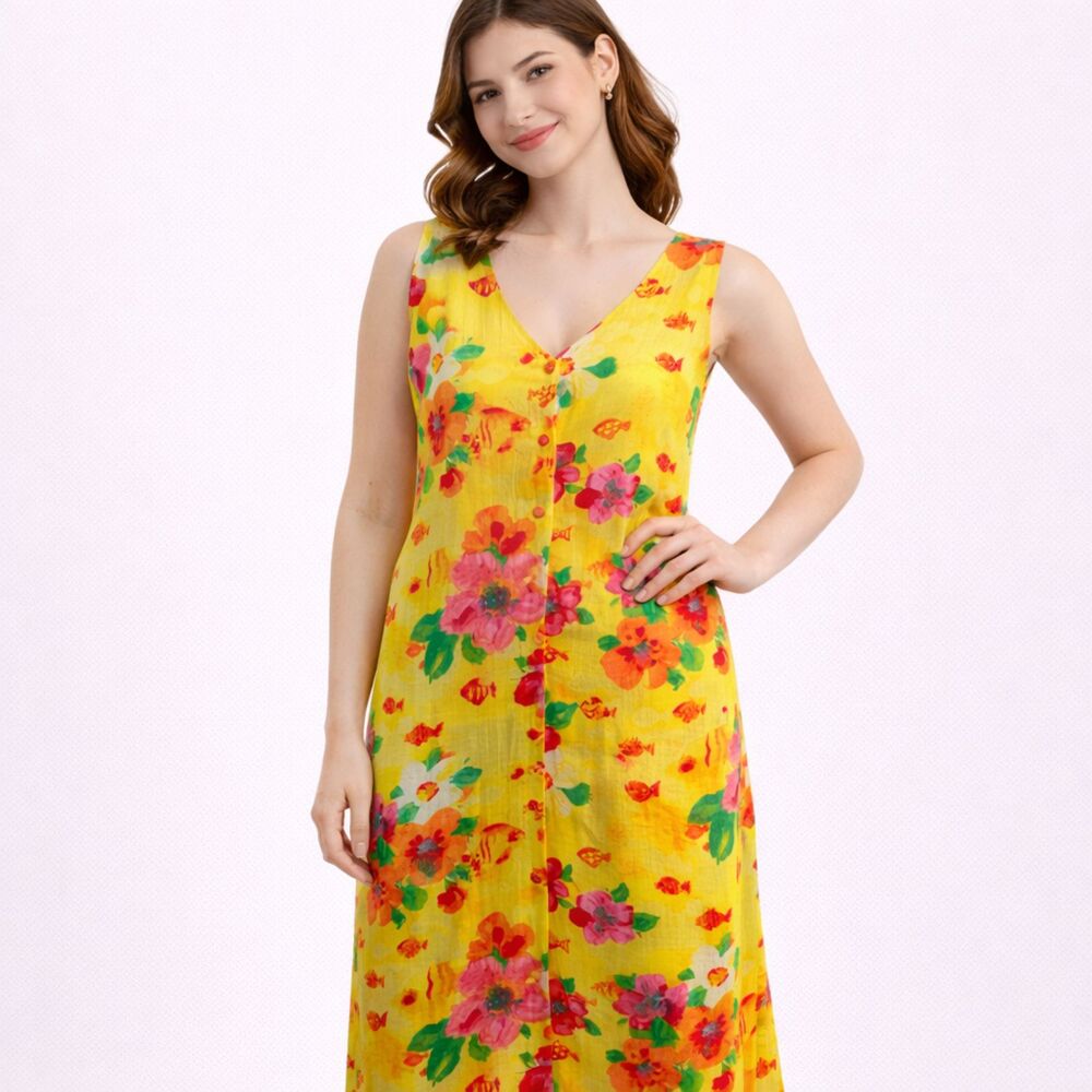 Jams World Yellow Floral Lightweight Shift Sleeveless Midi Dress M